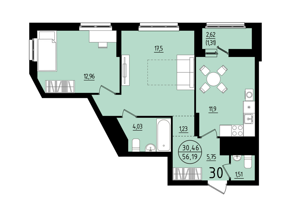 2-комнатная квартира: Екатеринбург, площадь Жуковского, 8 (56.19 м²)