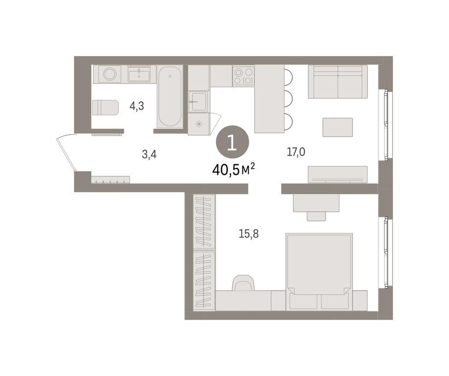 1-комнатная квартира: Екатеринбург, Торфяной переулок, 10 (40.5 м²)