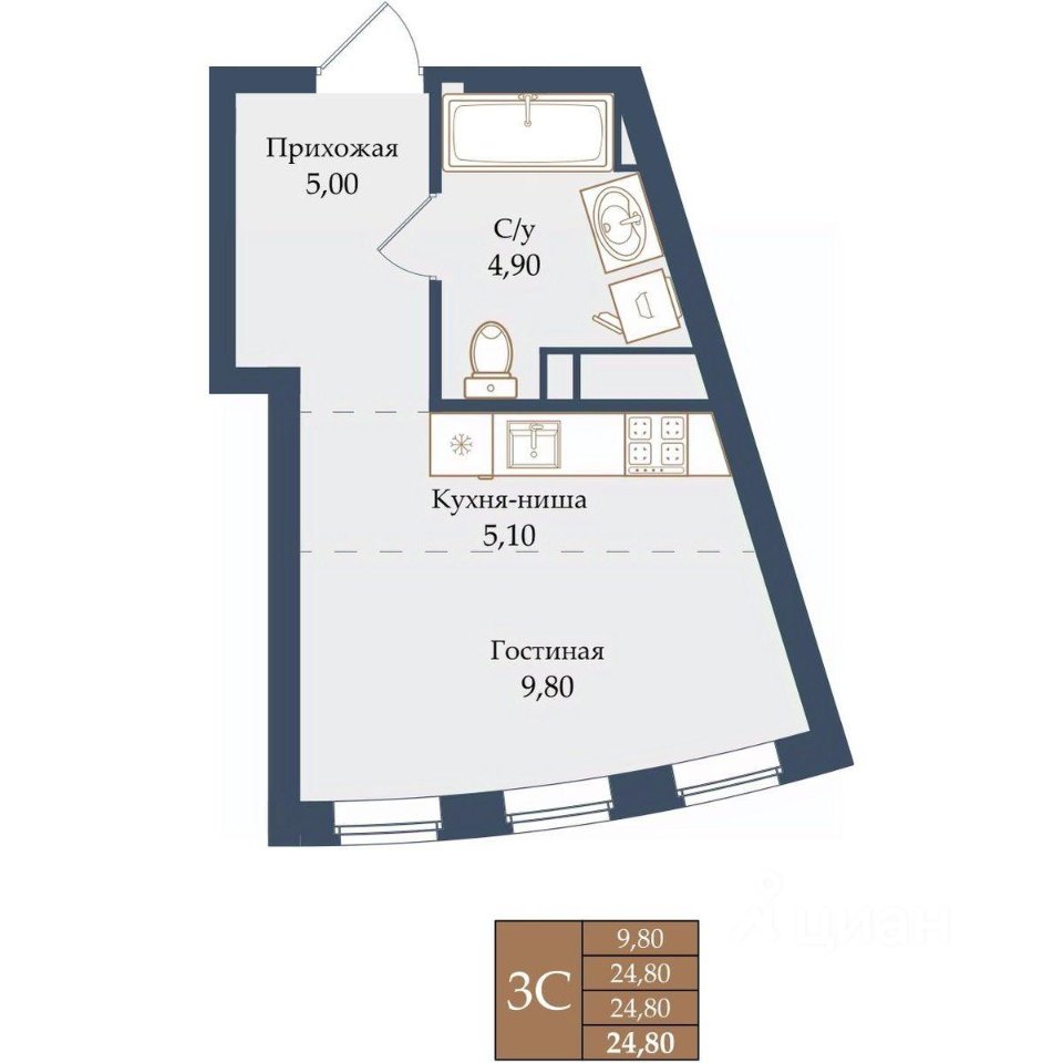 Студия Свердловская область, Екатеринбург ул. Щербакова, 20 (24.8 м²)
