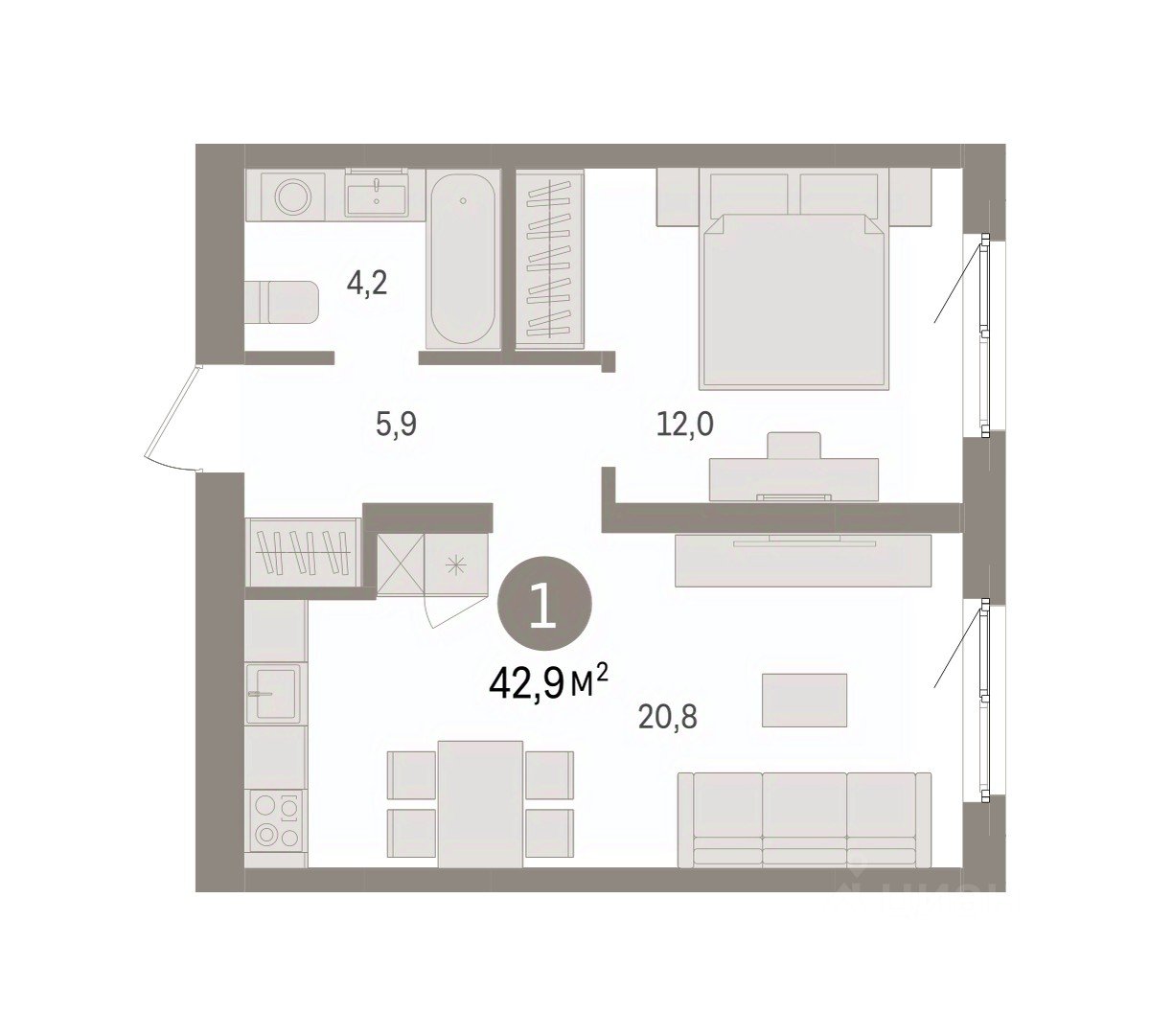 1-к кв. Свердловская область, Екатеринбург пер. Торфяной, 10 (42.9 м²)