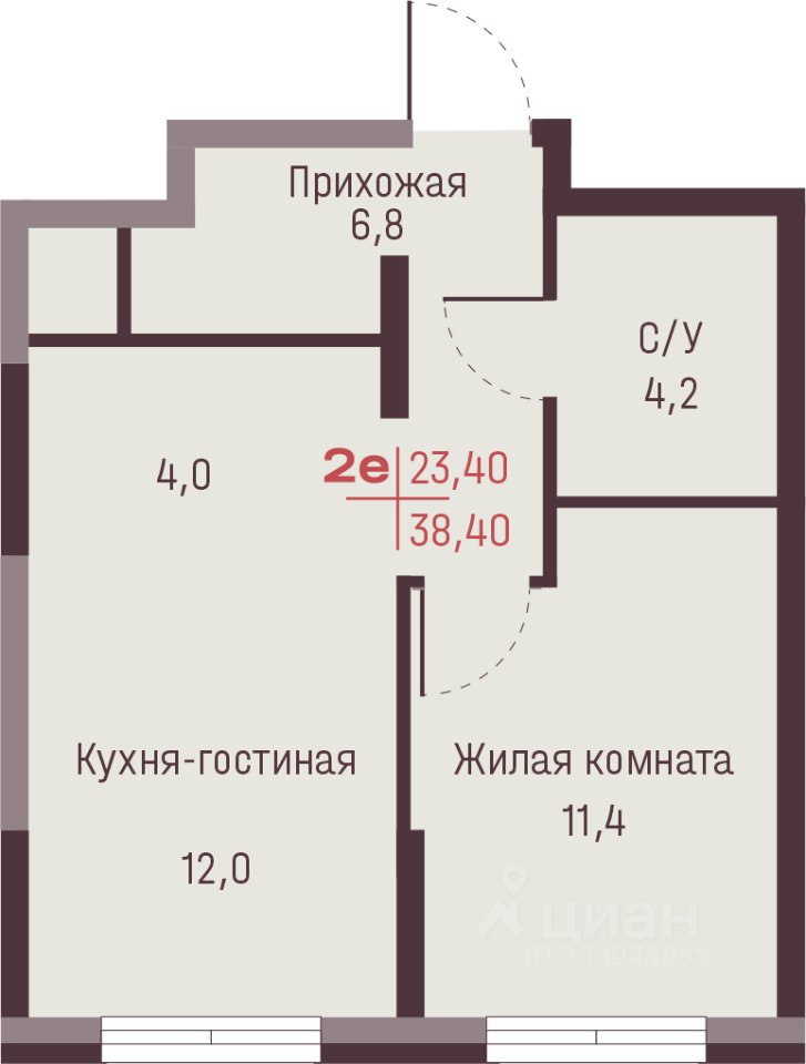 2-к кв. Свердловская область, Екатеринбург ул. Академика Ландау, 13 (38.4 м²)