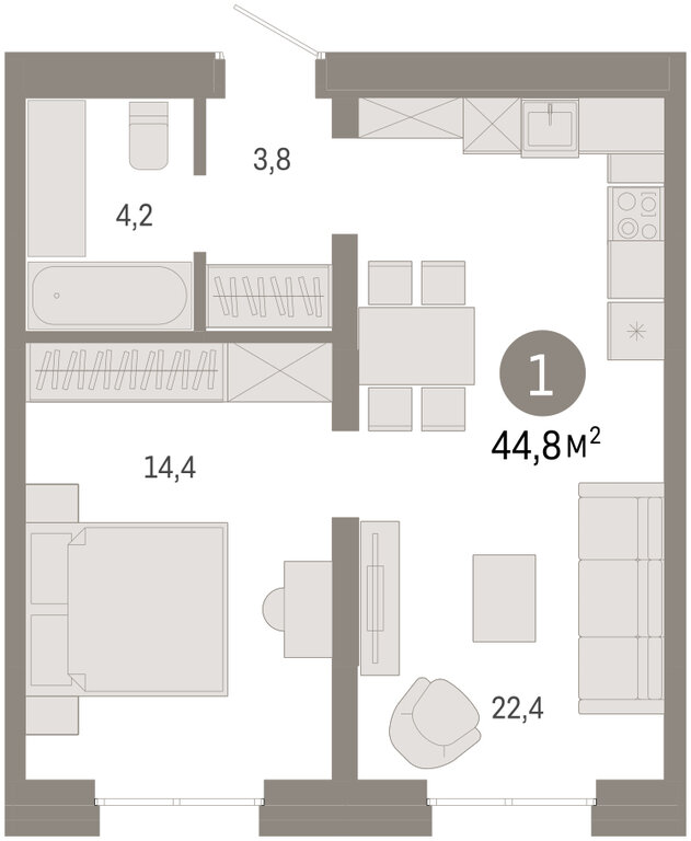 1-комнатная квартира: Екатеринбург, улица Советских Женщин (44.8 м²)