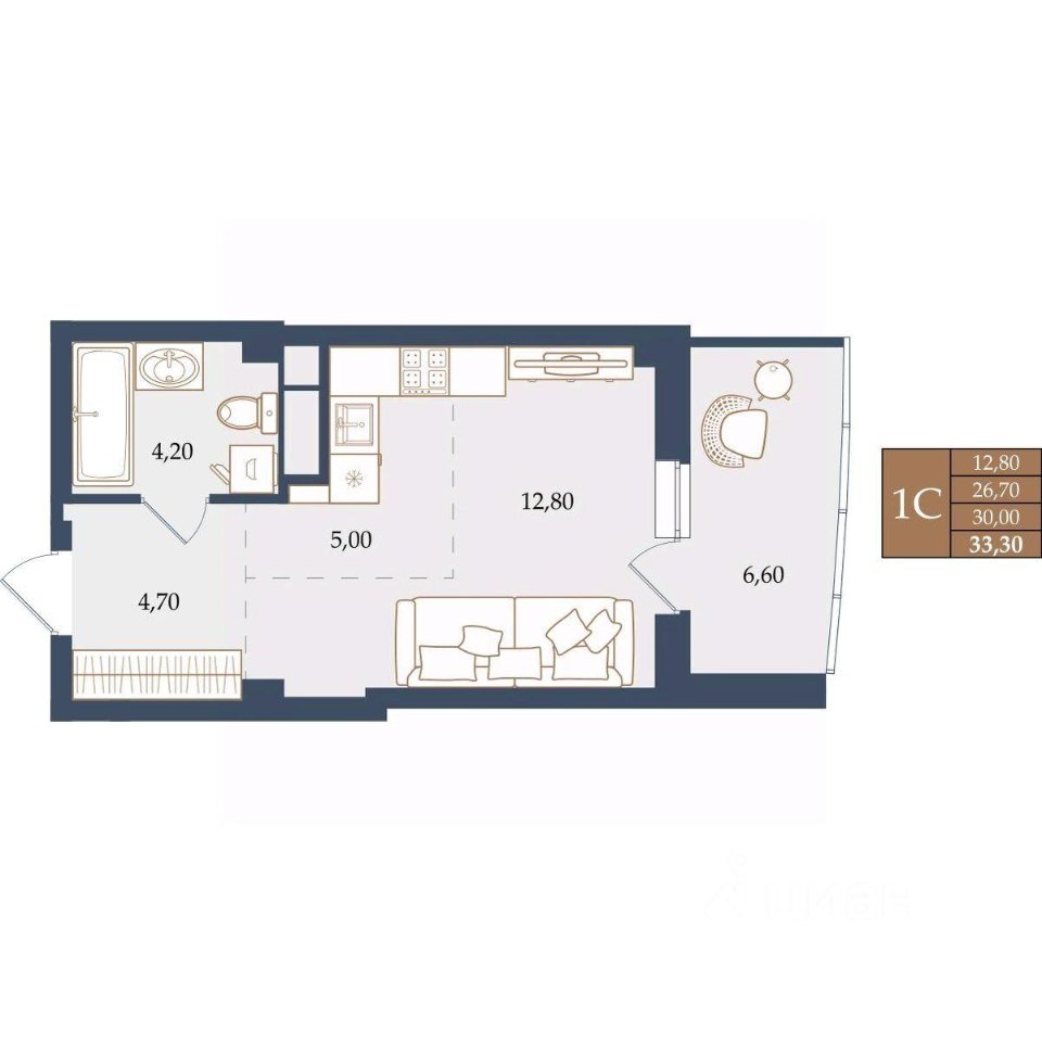Студия Свердловская область, Екатеринбург ул. Щербакова, 20 (30.0 м²)