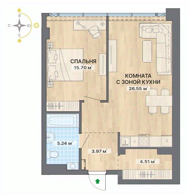2-к кв. Свердловская область, Екатеринбург ул. Маршала Жукова, 16 (55.97 м²)