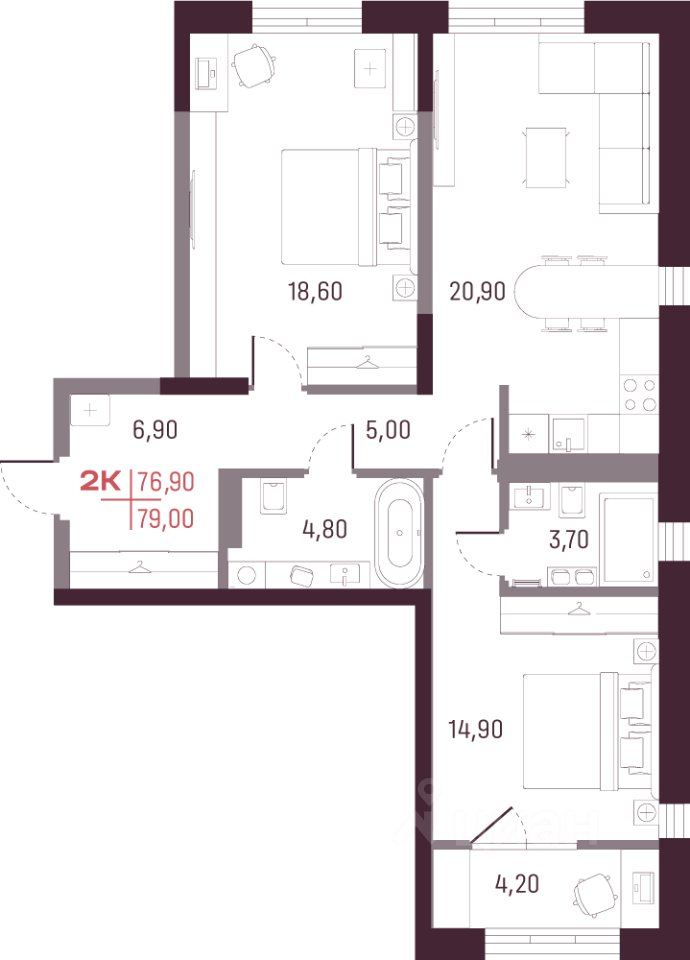 2-к кв. Свердловская область, Екатеринбург ул. Академика Вавилова, 9 (76.4 м²)