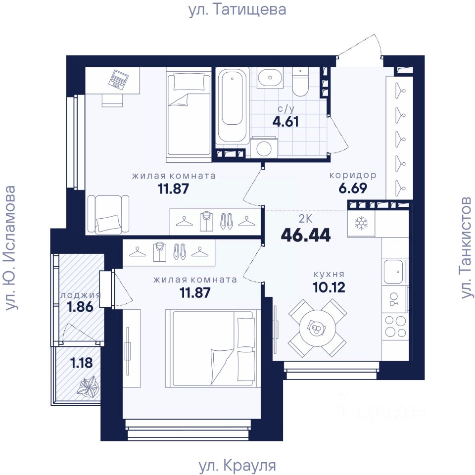 2-к кв. Свердловская область, Екатеринбург ул. Крауля, 170Б (46.44 м²)
