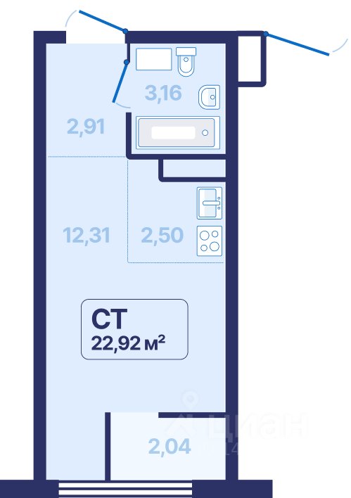 1-к кв. Свердловская область, Екатеринбург просп. Космонавтов, 9 (22.92 м²)