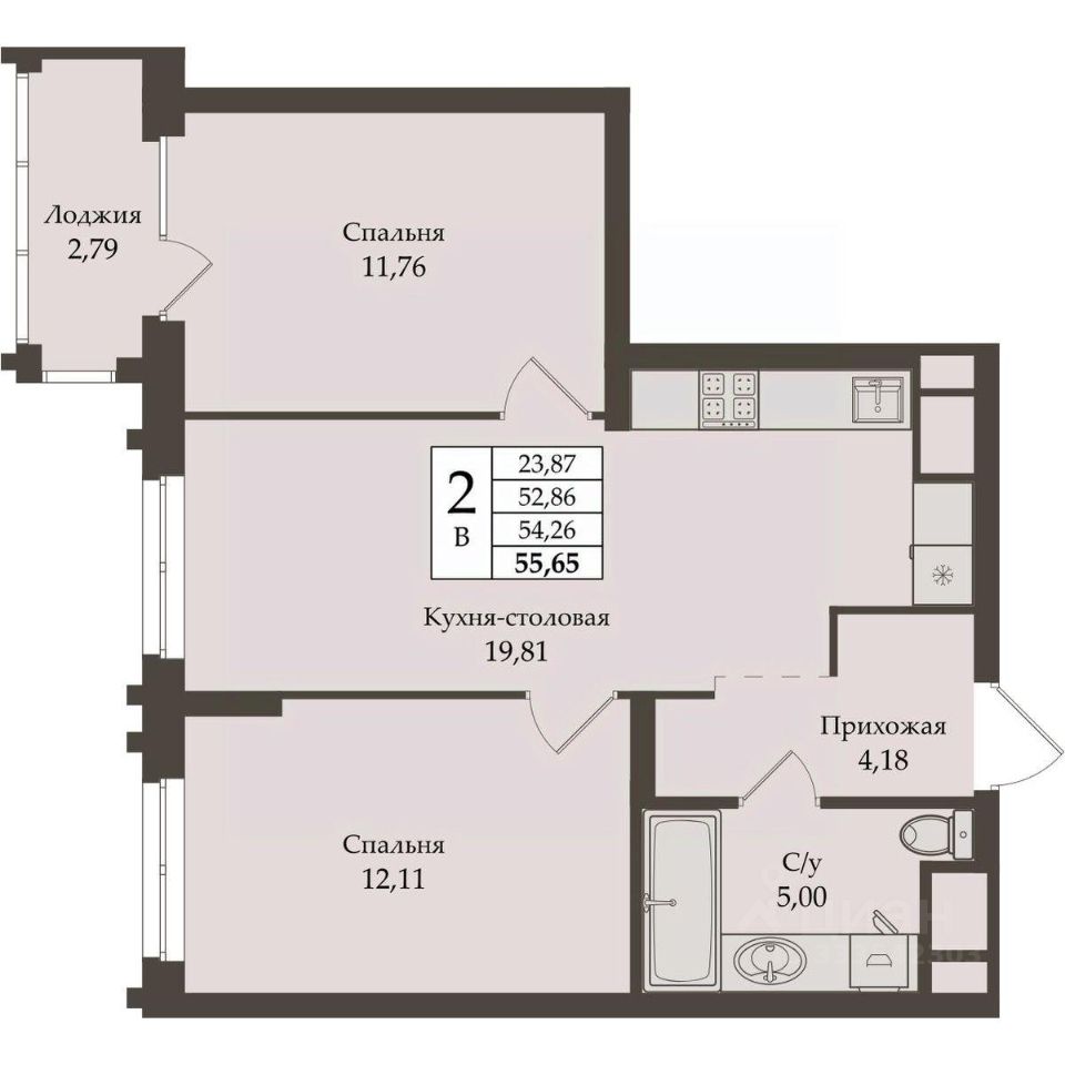 2-к кв. Свердловская область, Екатеринбург ул. Репина, 64 (54.26 м²)