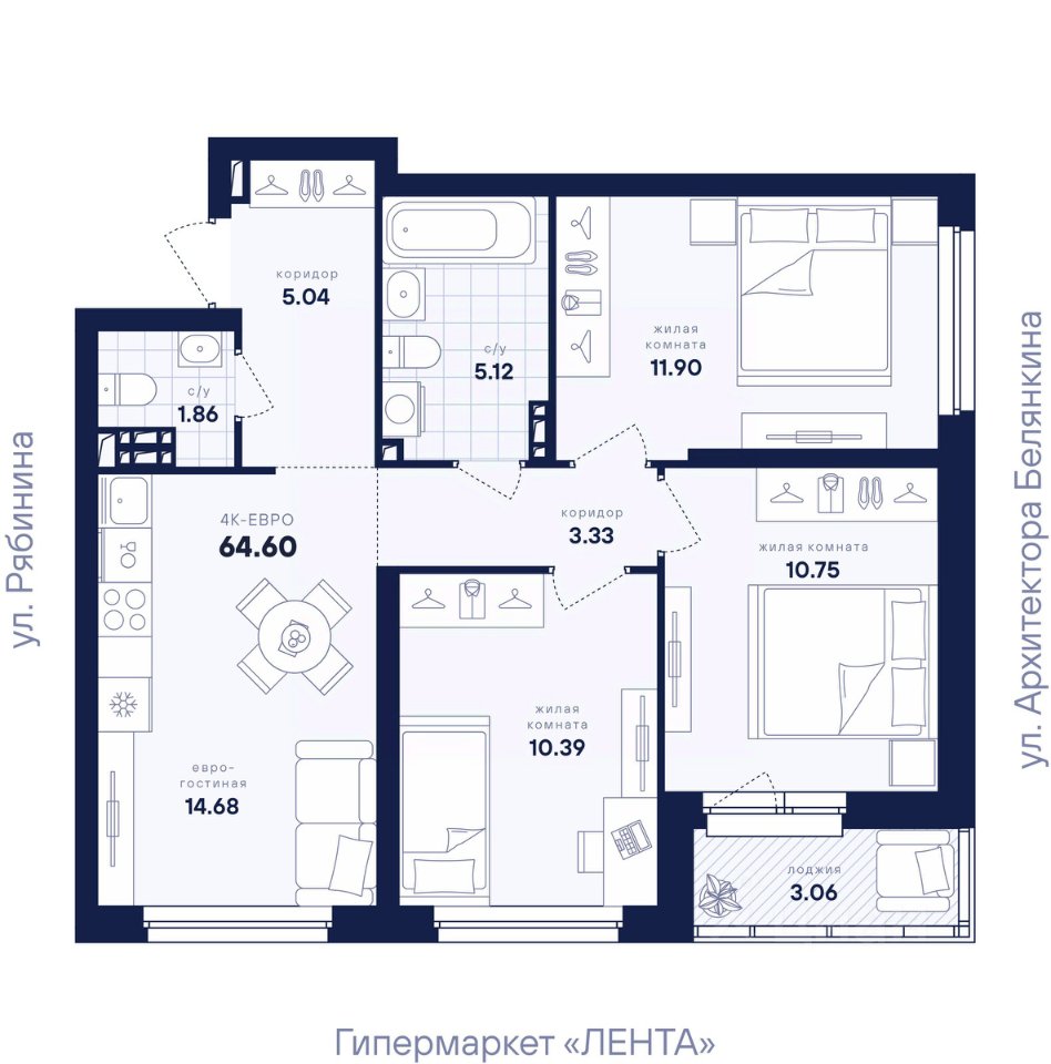 3-к кв. Свердловская область, Екатеринбург ул. Рябинина, 42 (64.6 м²)