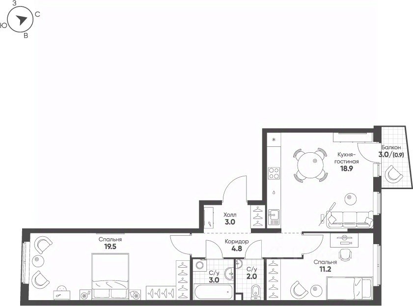 2-к кв. Свердловская область, Екатеринбург Солнечный жилрайон, (63.3 м²)