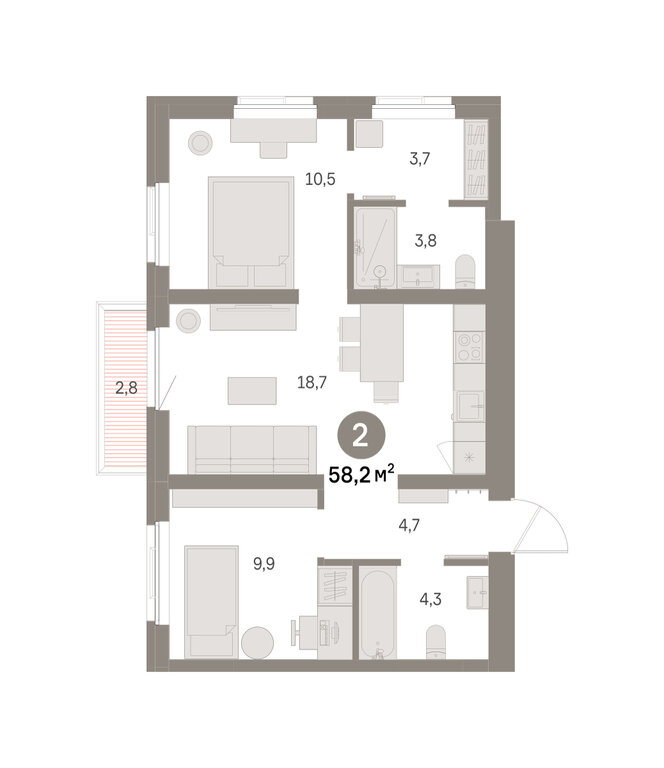 2-комнатная квартира: Екатеринбург, Благодатская улица, 15 (58.15 м²)