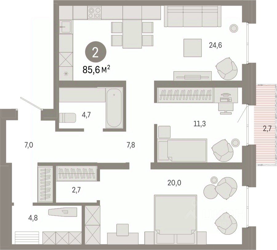 2-к кв. Свердловская область, Екатеринбург ул. Шаумяна, 20 (85.6 м²)