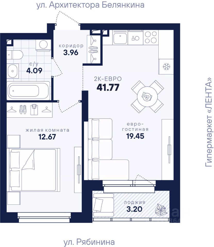 1-к кв. Свердловская область, Екатеринбург ул. Рябинина, 42 (41.77 м²)