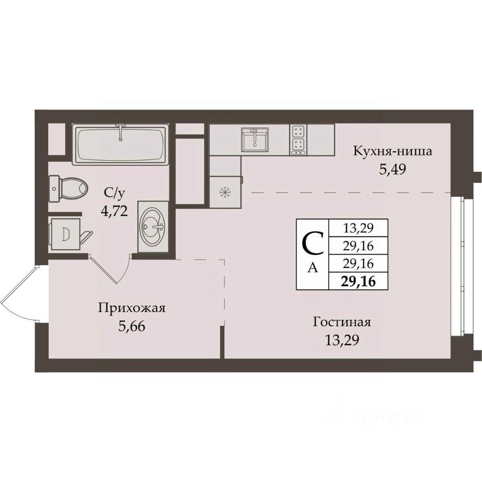 Студия Свердловская область, Екатеринбург ул. Репина, 64 (29.16 м²)