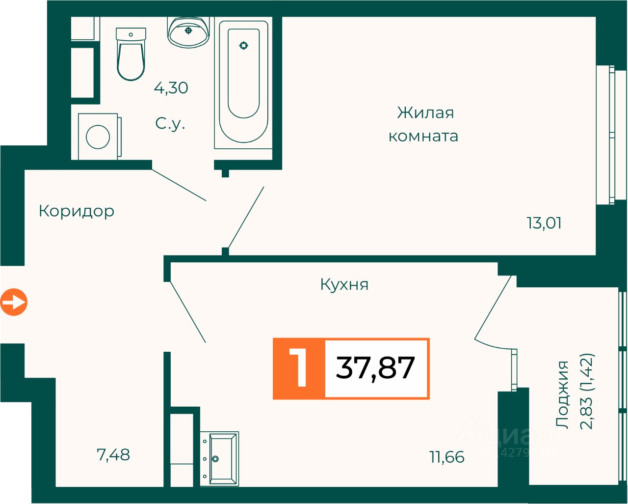 1-к кв. Свердловская область, Екатеринбург ВИЗ жилрайон,  (37.87 м²)