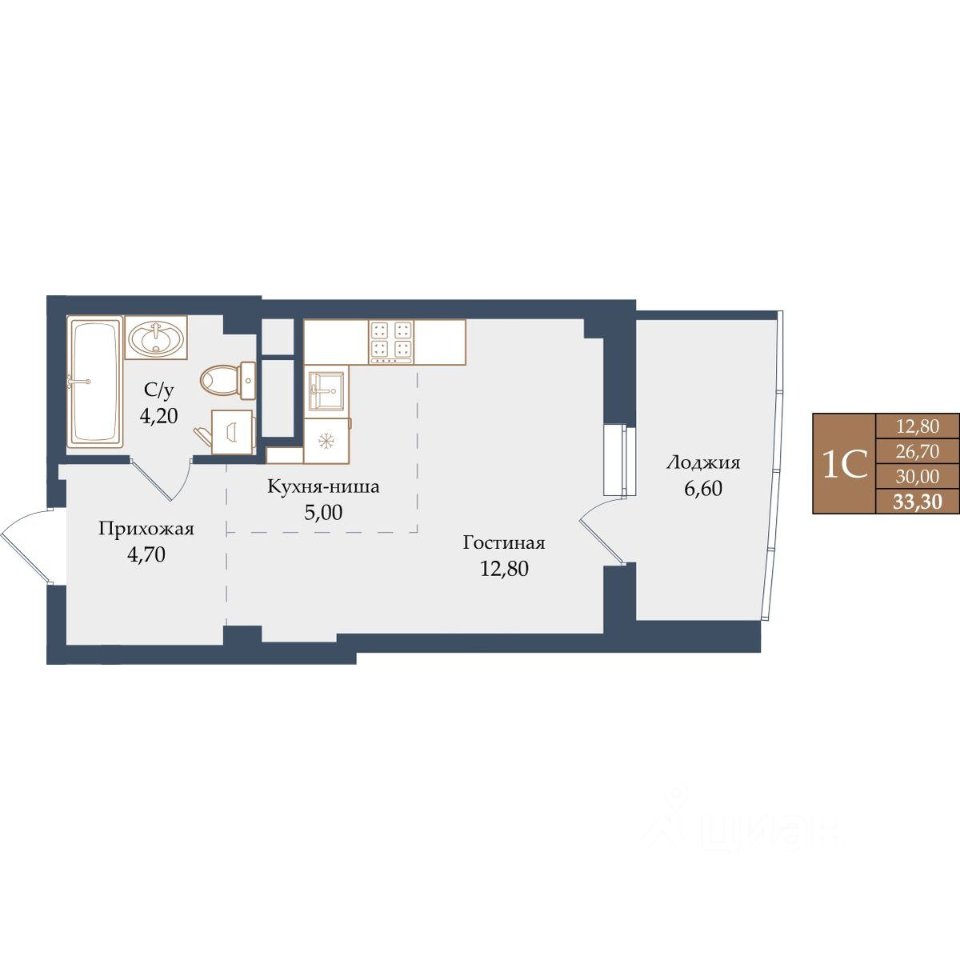 Студия Свердловская область, Екатеринбург ул. Щербакова, 20 (30.0 м²)