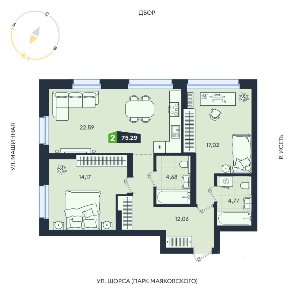 2-к кв. Свердловская область, Екатеринбург ул. Машинная, 1В/4 (75.29 м²)