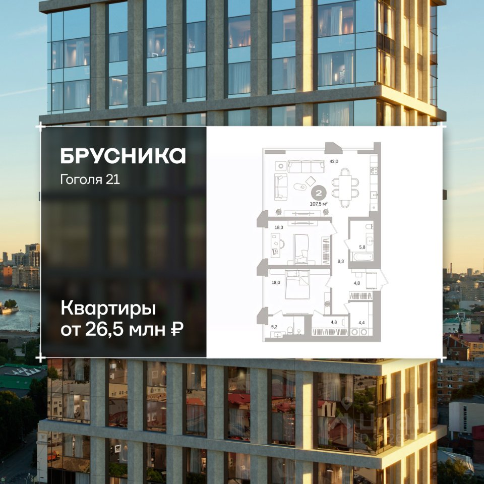 Свободной планировки кв. Свердловская область, Екатеринбург ул. Гоголя, 21 (107.46 м²)