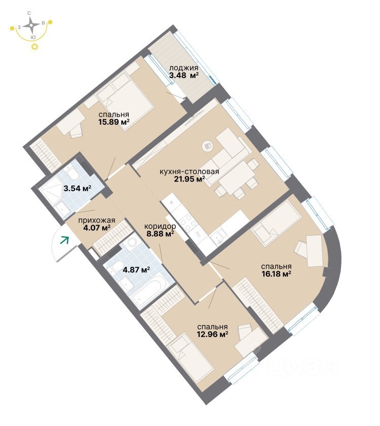 3-к кв. Свердловская область, Екатеринбург ул. Вилонова (91.82 м²)