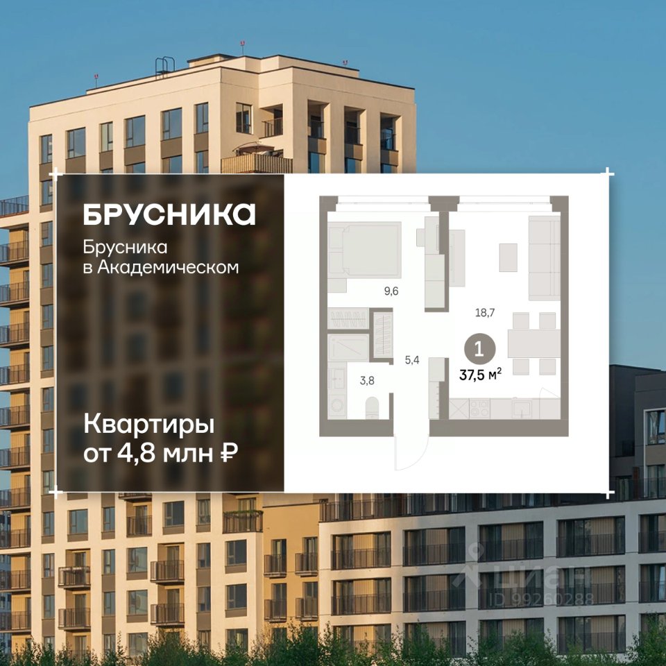 1-к кв. Свердловская область, Екатеринбург Академический мкр, 19-й кв-л, Брусника в Академическом жилой комплекс (37.49 м²)