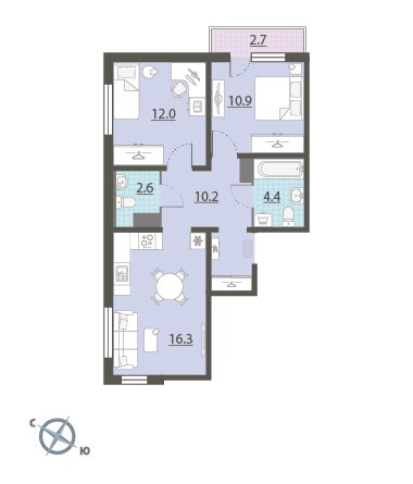 2-комнатная квартира: Екатеринбург, жилой район Комсомольский (57.2 м²)