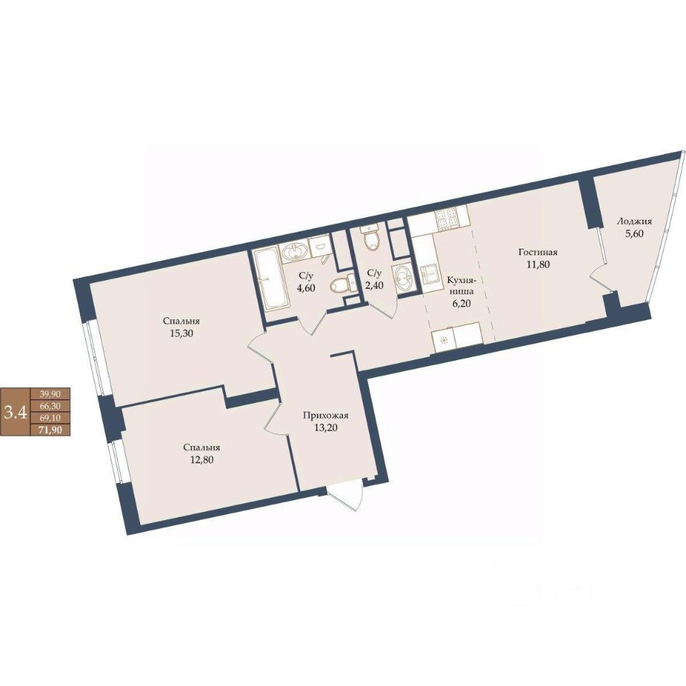 2-к кв. Свердловская область, Екатеринбург ул. Щербакова, 20 (69.1 м²)