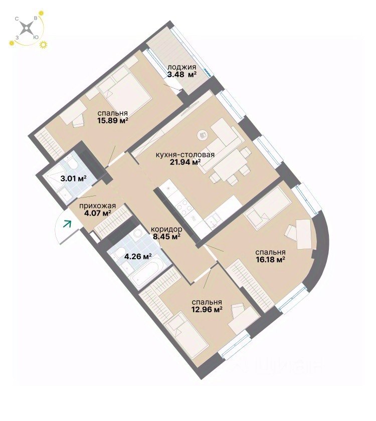 3-к кв. Свердловская область, Екатеринбург ул. Вилонова (90.24 м²)