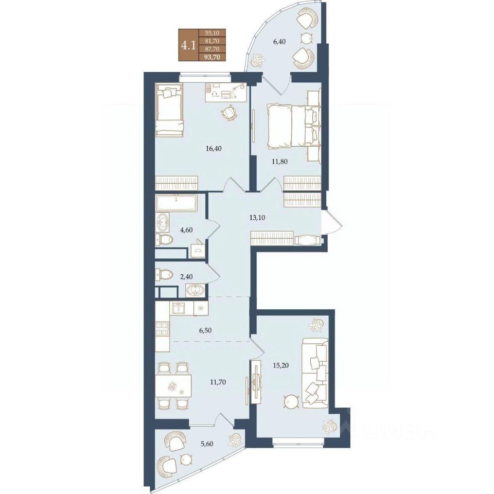 3-к кв. Свердловская область, Екатеринбург ул. Щербакова, 20 (87.7 м²)