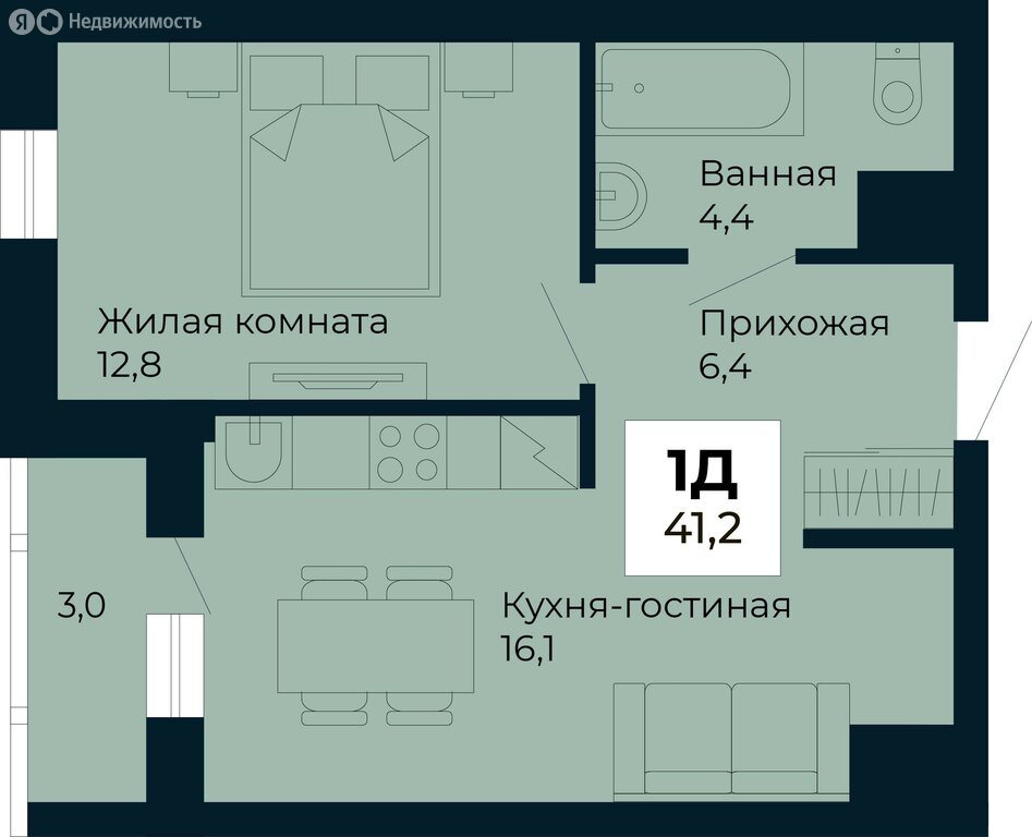1-комнатная квартира: Екатеринбург, Авиационная улица (41.2 м²)