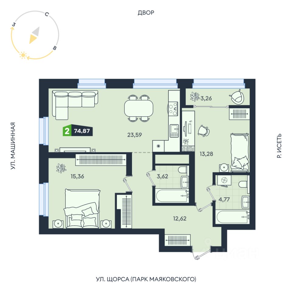 2-к кв. Свердловская область, Екатеринбург ул. Машинная, 1В/4 (74.87 м²)