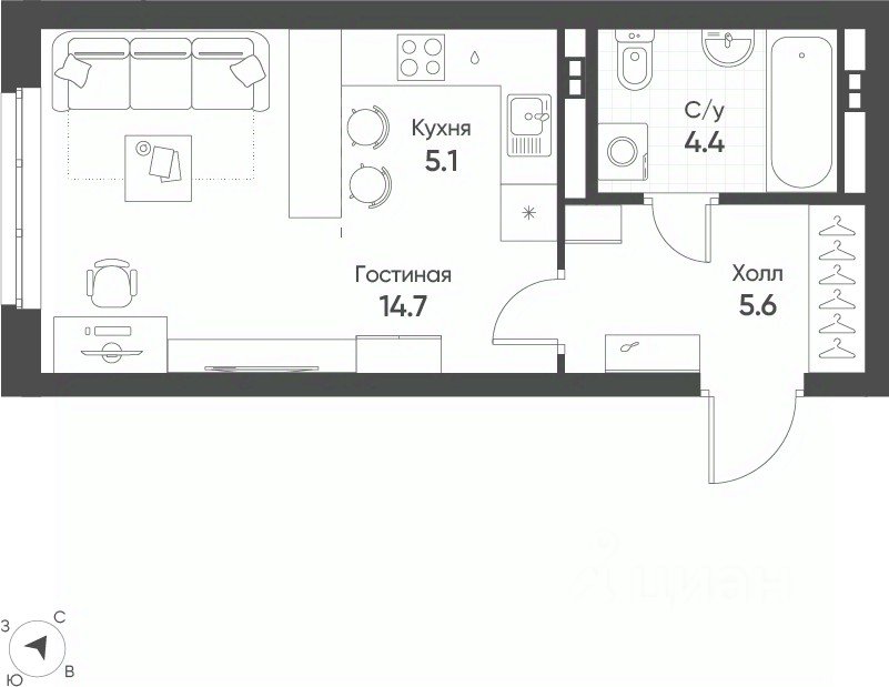 Студия Свердловская область, Екатеринбург Солнечный жилрайон,  (29.6 м²)