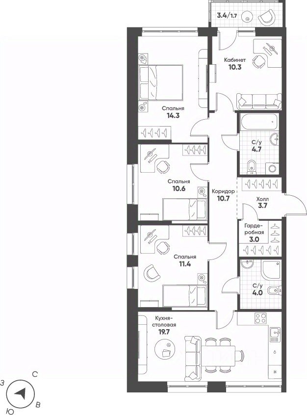 4-к кв. Свердловская область, Екатеринбург Солнечный жилрайон, (94.1 м²)