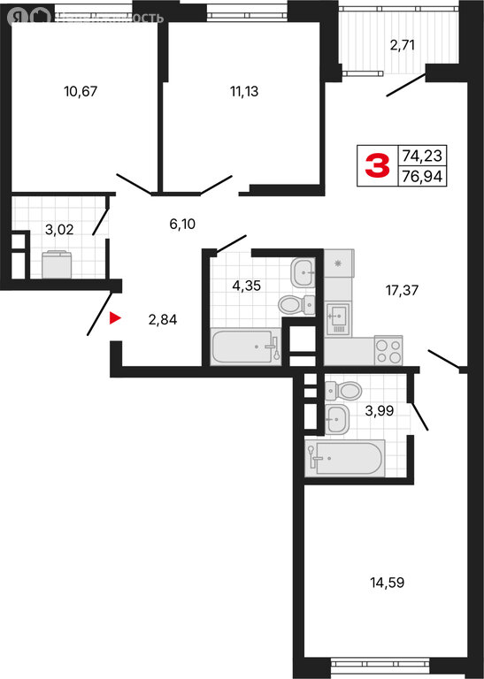 3-комнатная квартира: Екатеринбург, Депутатская улица (76.33 м²)