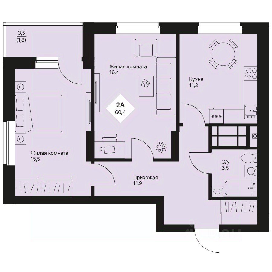 2-к кв. Свердловская область, Екатеринбург просп. Космонавтов, 108/5 (60.35 м²)