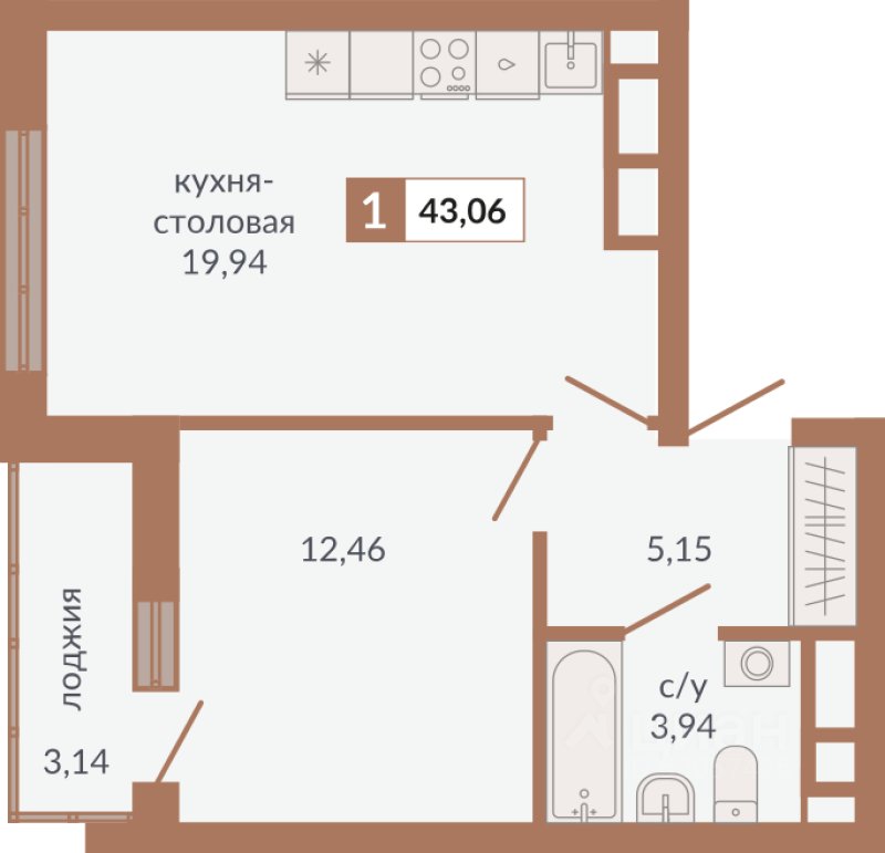 1-к кв. Свердловская область, Екатеринбург пер. Старателей (43.06 м²)