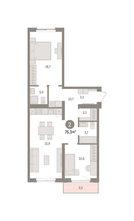 2-комнатная квартира: Екатеринбург, Торфяной переулок, 10 (75.3 м²)