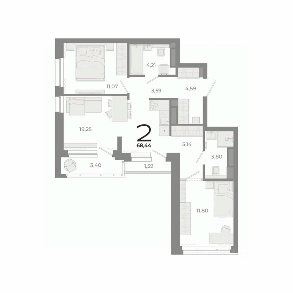 2-к кв. Свердловская область, Екатеринбург ул. Фурманова (68.8 м²)