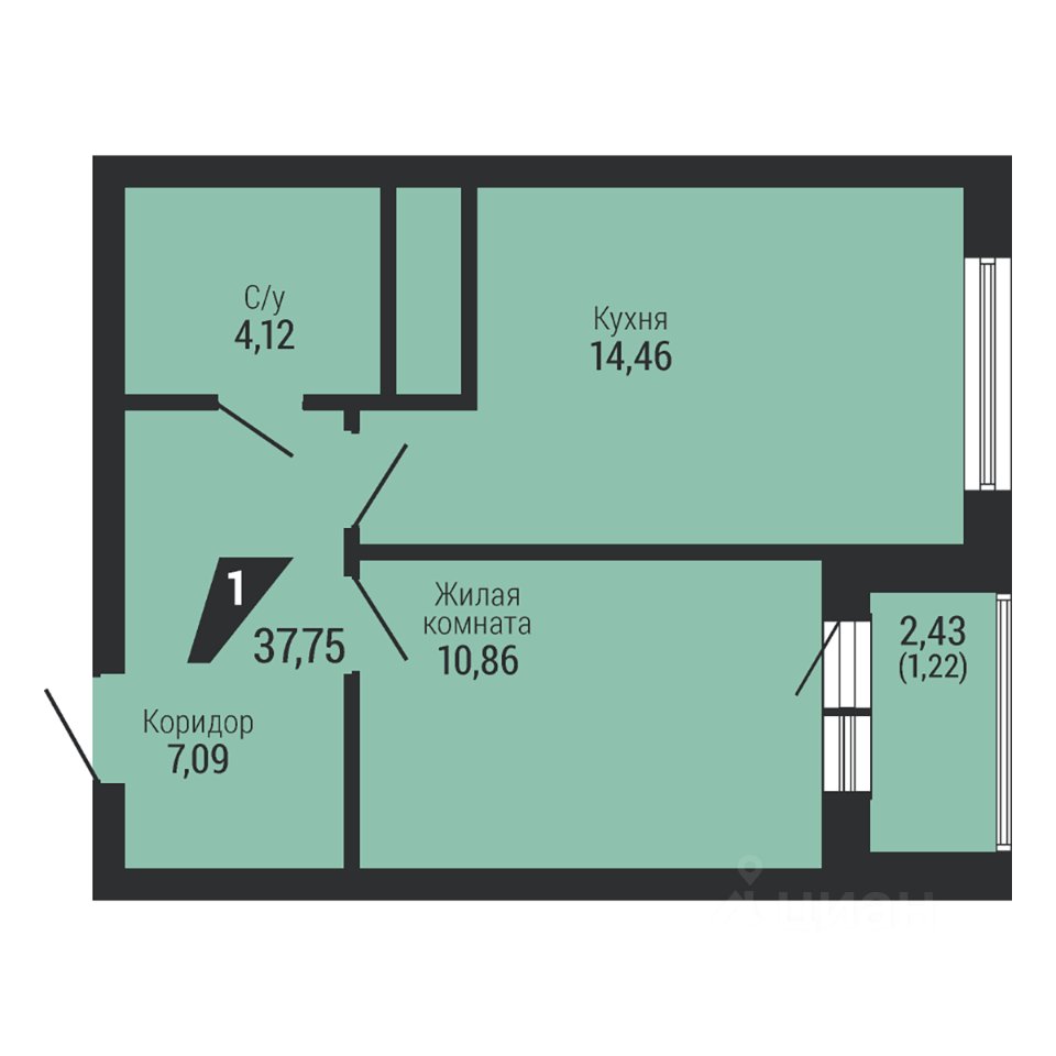 1-к кв. Свердловская область, Екатеринбург пер. Ученический (37.75 м²)