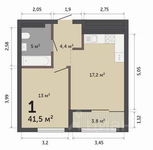 1-к кв. Свердловская область, Екатеринбург ул. Краснолесья, 10/6 (41.5 м²)