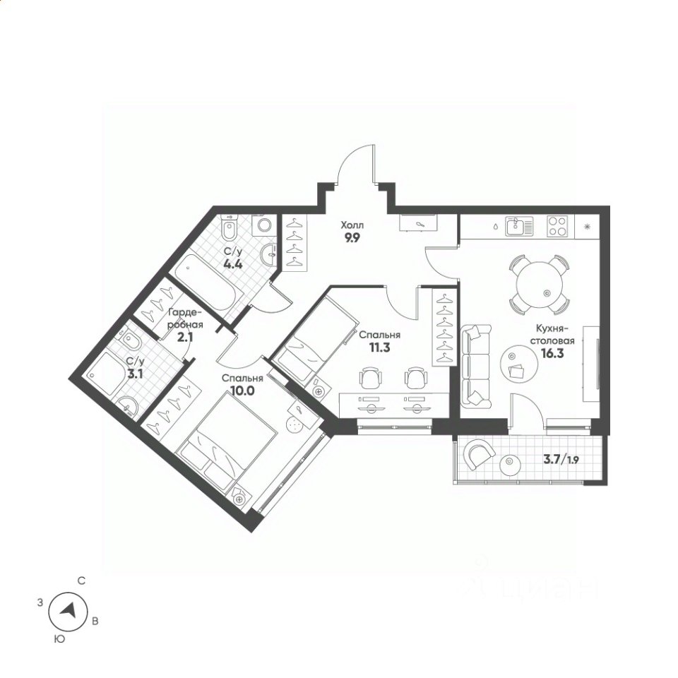 2-к кв. Свердловская область, Екатеринбург Солнечный жилрайон,  (59.0 м²)