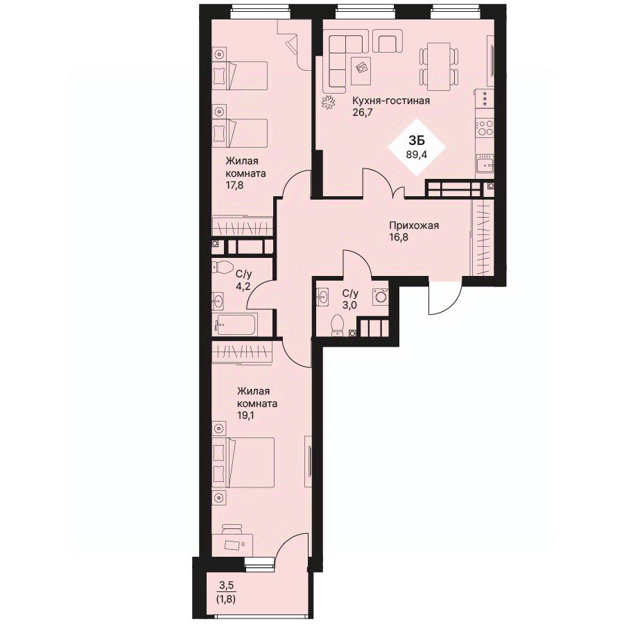 2-к кв. Свердловская область, Екатеринбург просп. Космонавтов, 108/5 (89.35 м²)