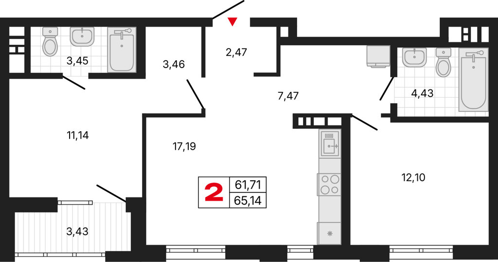 2-комнатная квартира: Екатеринбург, Депутатская улица (65.14 м²)