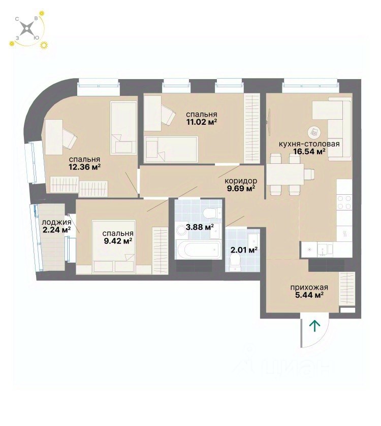 3-к кв. Свердловская область, Екатеринбург ул. Вилонова (72.6 м²)