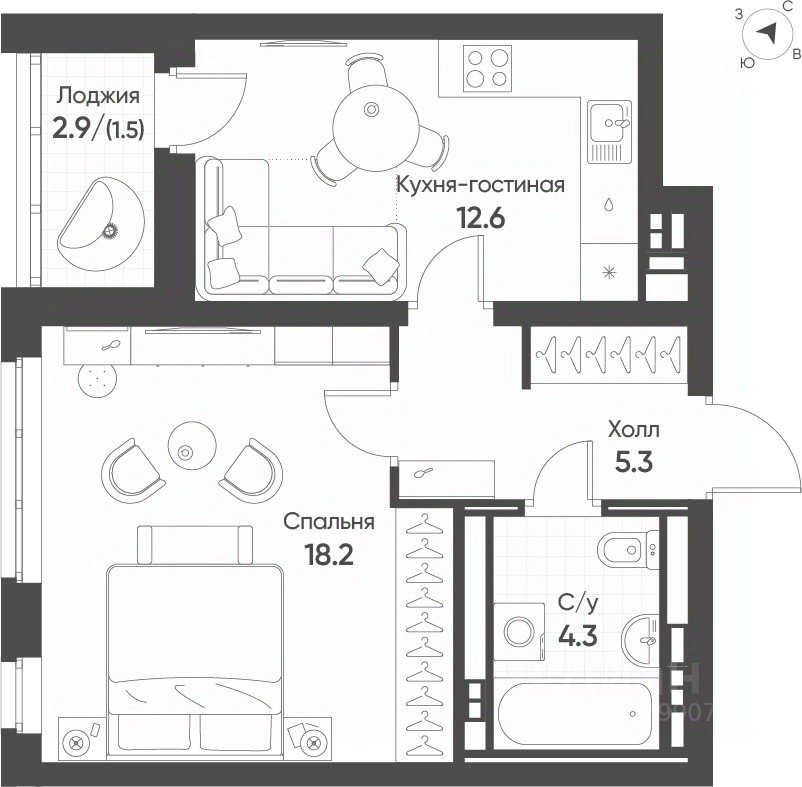 1-к кв. Свердловская область, Екатеринбург Солнечный жилрайон,  (42.5 м²)