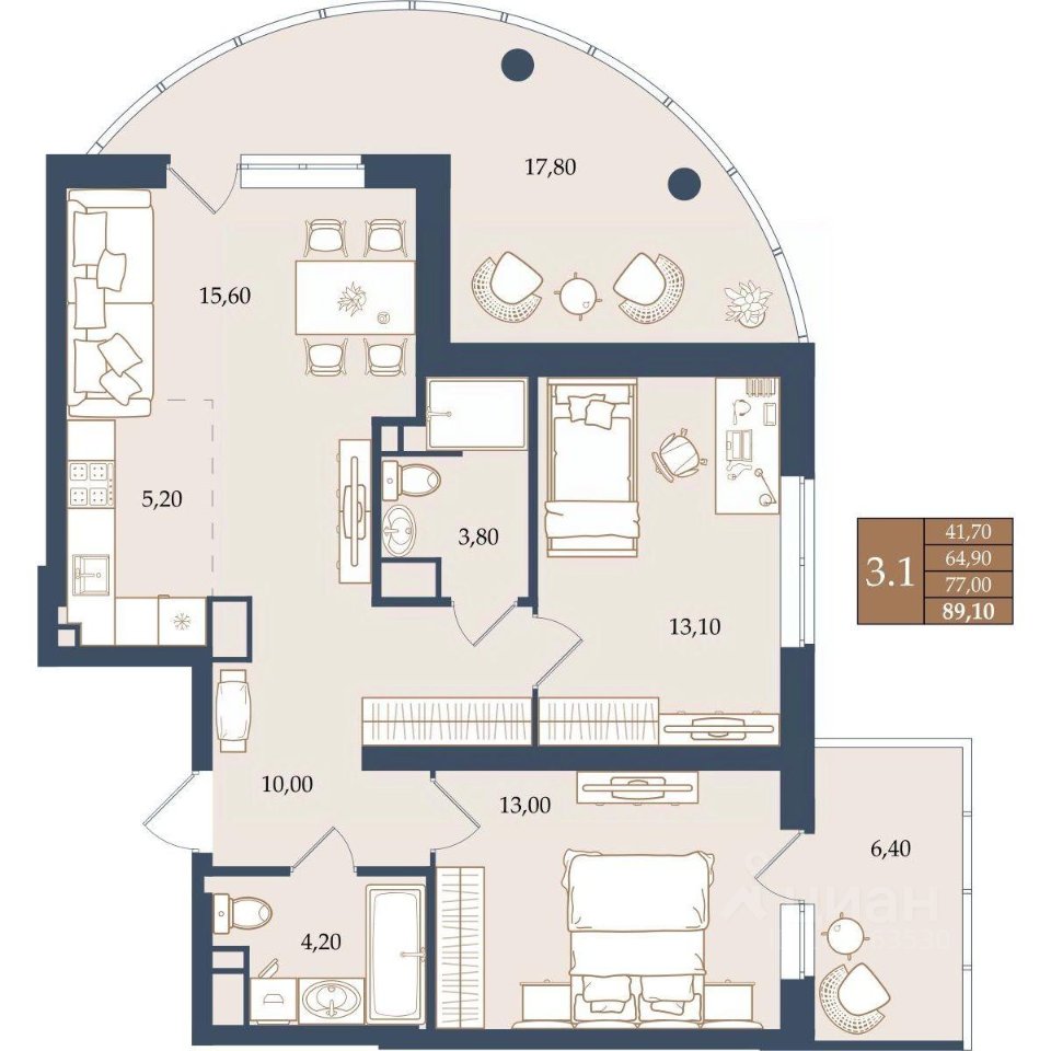2-к кв. Свердловская область, Екатеринбург ул. Щербакова, 20 (77.0 м²)