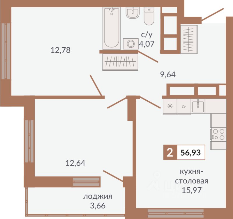 2-к кв. Свердловская область, Екатеринбург пер. Старателей (56.93 м²)