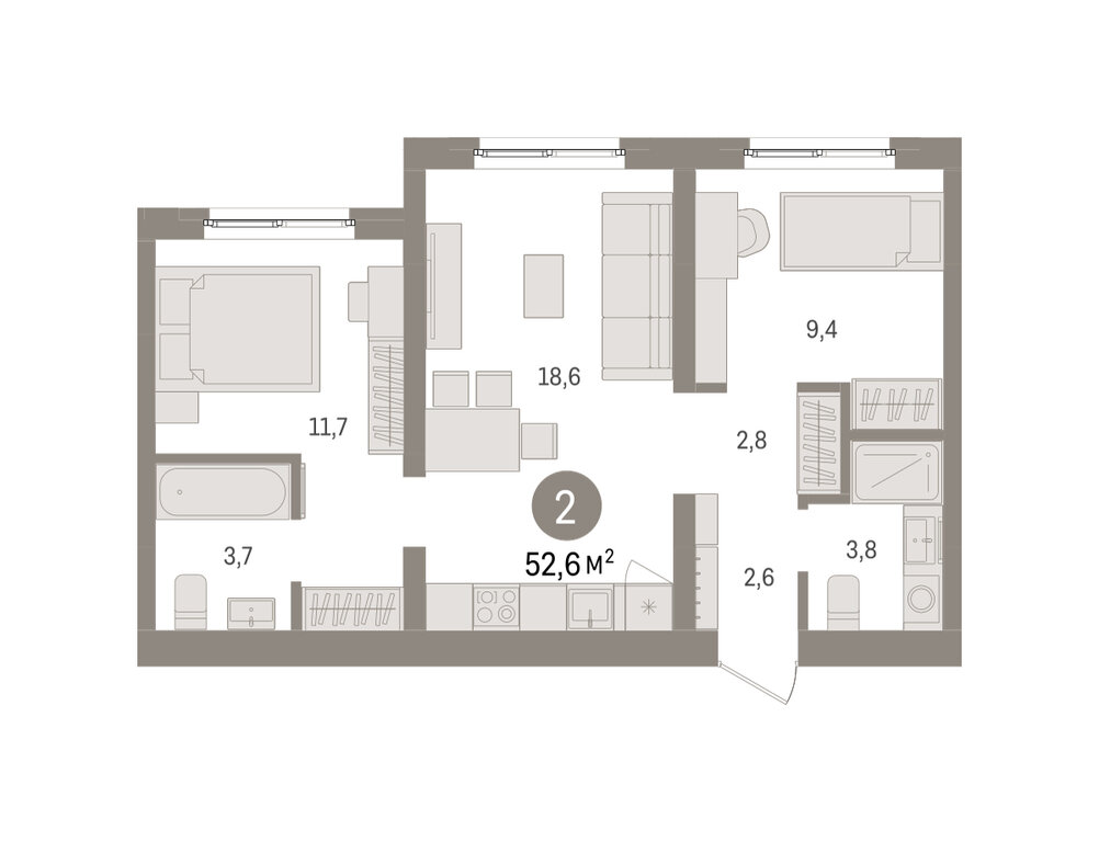 2-комнатная квартира: Екатеринбург, Торфяной переулок, 10 (52.6 м²)