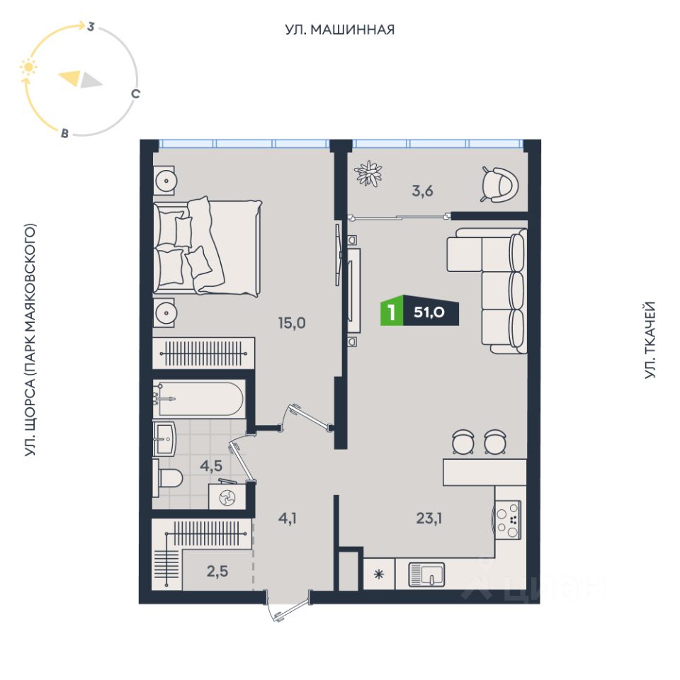 1-к кв. Свердловская область, Екатеринбург ул. Машинная, 1в/2 (51.0 м²)