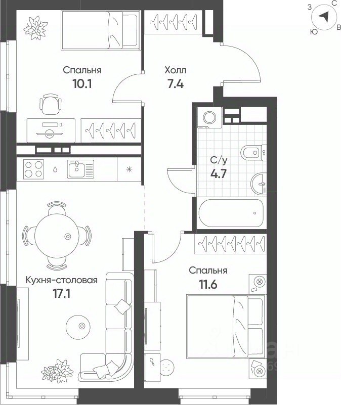 2-к кв. Свердловская область, Екатеринбург Солнечный жилрайон,  (50.9 м²)