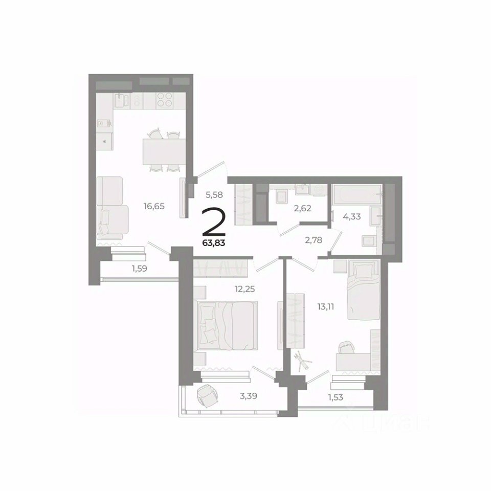 2-к кв. Свердловская область, Екатеринбург ул. Фурманова (64.4 м²)
